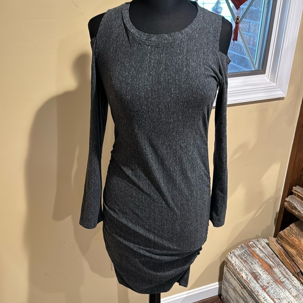 SUNDRY  Dark Gray‎ Open Shoulder Fitted Rouched Dress